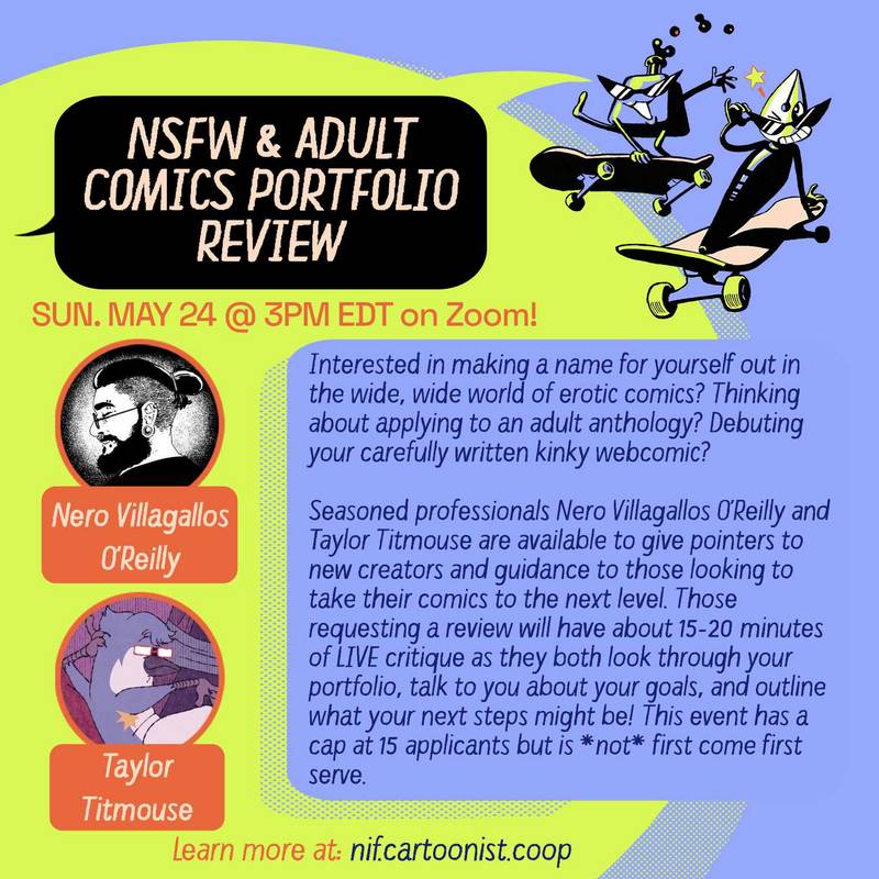A social media graphic promoting an event for NIF 2026, featuring mascots Inkling and Nibford! The event is "NSFW & Adult Comics Portfolio Review" hosted by panellists Nero Villagallos O'Reilly and Taylor Titmouse on Sunday May 24th @ 3PM EDT on Zoom! Come check it out! Learn more at: nif.cartoonist.coop