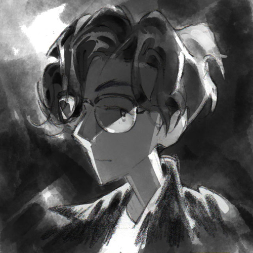 A black and white ink drawing of a person with dark wavy hair and round glasses, facing left at a three-quarter view. they are mostly in shadow except for a rim light and the glasses reflecting white.