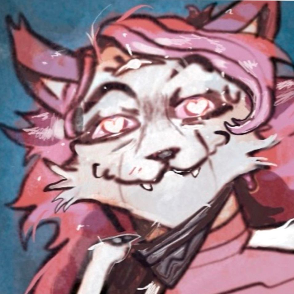 A fursona pulling off a black face mask to reveal a glowy eyed grin. It's some sort of fantastical purple pink cat with a wolf cut an tufted ears. Her pupils are white, glowing hearts against pink sclera. Her fur Is a dusty pastel blue. 