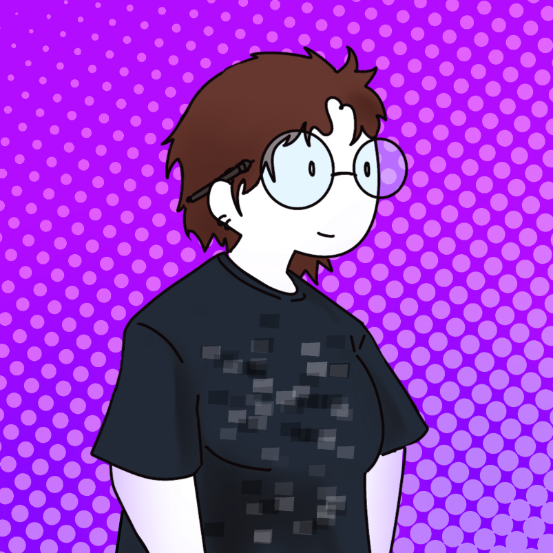 Femme artist with short brown hair and glasses in a black t-shirt on a purple background.