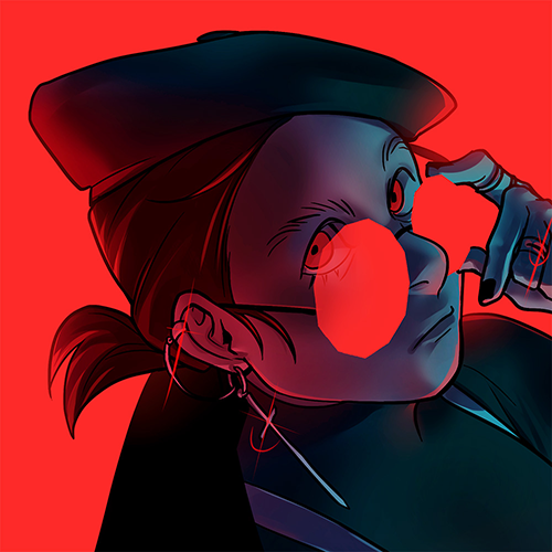 A stylized self portrait of Cally Leung (BubblyErnie) tinted teal with bright red glasses and backlighting!