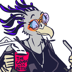A cute secretary bird sits at a desk and draws comics while holding a coffee cup that reads "THE COMIC WAS BETTER".