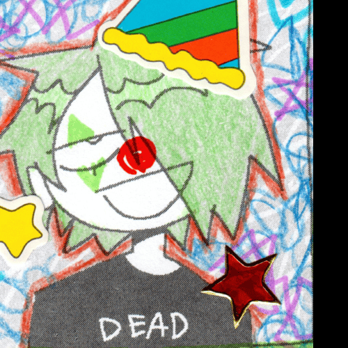 A cartoonish drawing of a person with green hair, lidded eyes, and a smile. It is printed out and drawn on with crayons to include a clown nose, and has stickers doting the drawing as well.