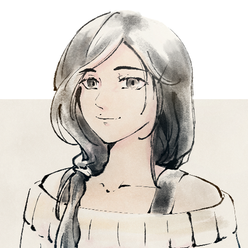 Self-portrait of Daphne, a small asian woman, in ink and digital watercolor.