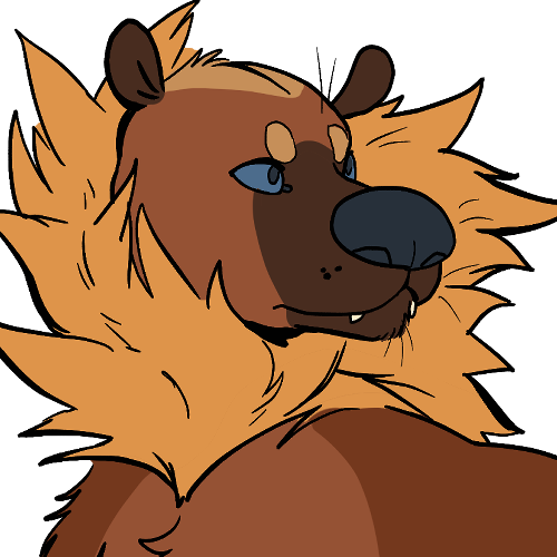 A stylized anthro wolverine, with a gold mane of fur, blue eyes, and an especially oval-shaped nose.